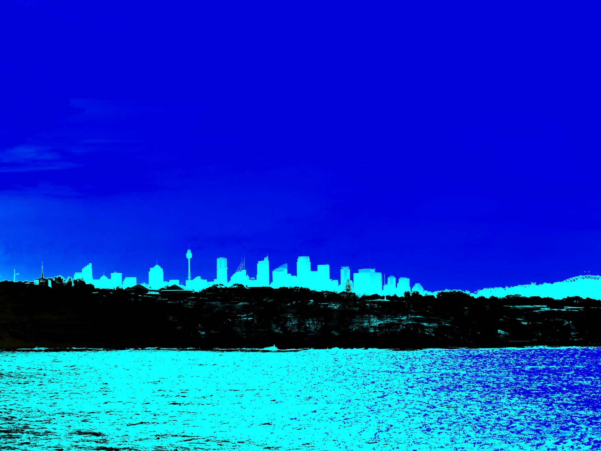 POPscape Sydney - Skyline 0175v89 - 90x67.5cm, bright blue Pop Art style Sydney city skyline with turquoise harbour, limited edition print.