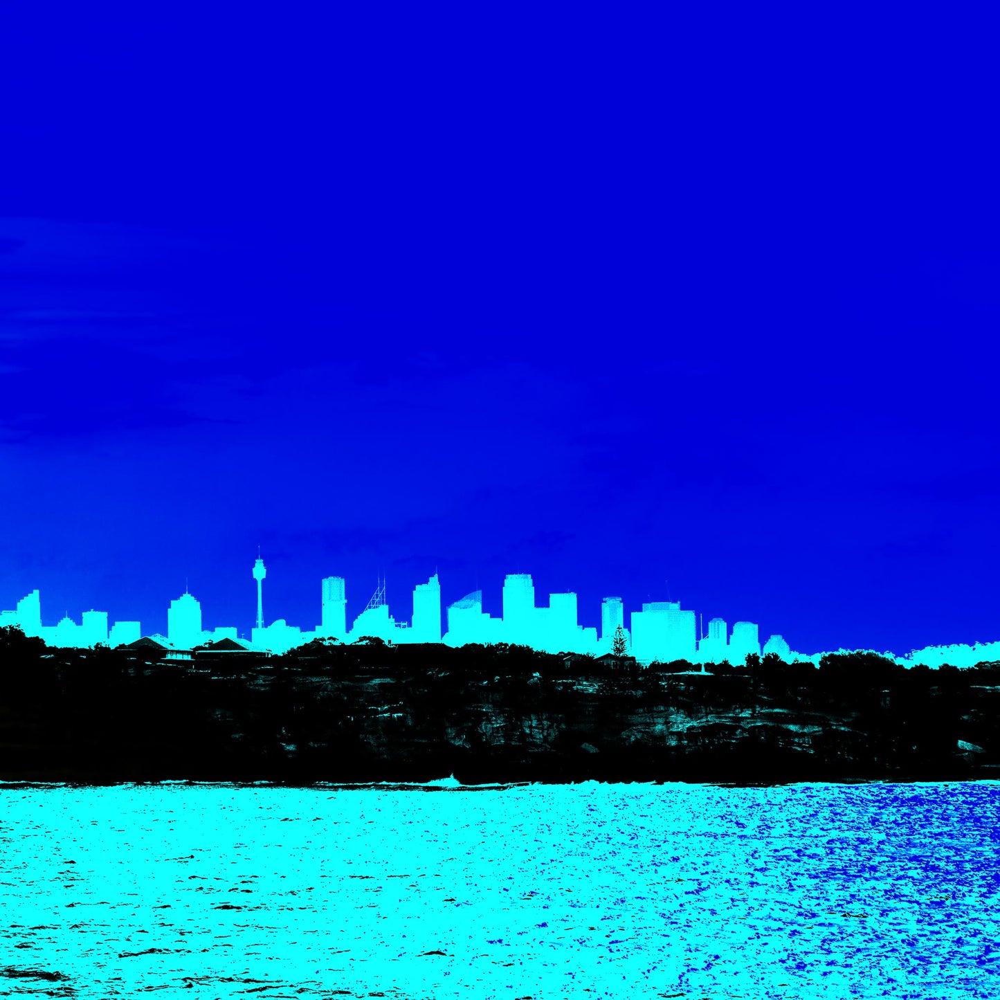 POPscape Sydney - Skyline 0175v89 - Close Detail View, bright blue Pop Art style Sydney city skyline with turquoise harbour, limited edition print.