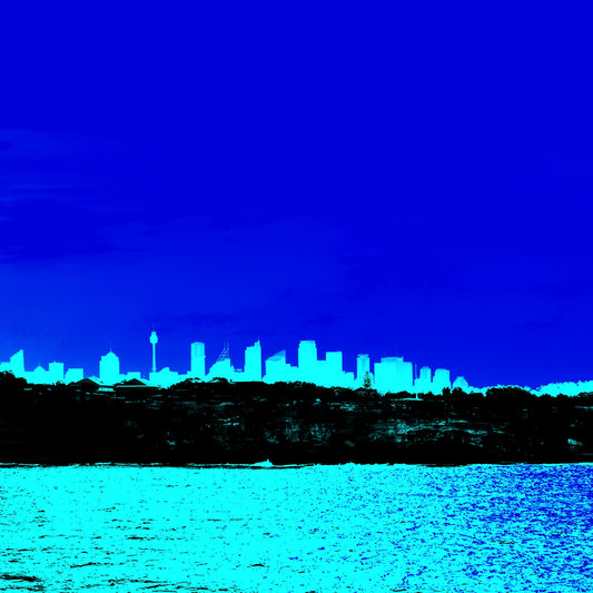 POPscape Sydney - Skyline 0175v89 - Close Detail View, bright blue Pop Art style Sydney city skyline with turquoise harbour, limited edition print.