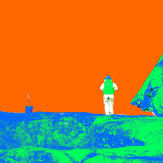 POPscape Sydney - Watsons Bay Fisherman 4690v9 - Close Detail View, neon green and orange Pop Art fisherman rock fishing, fine art print.