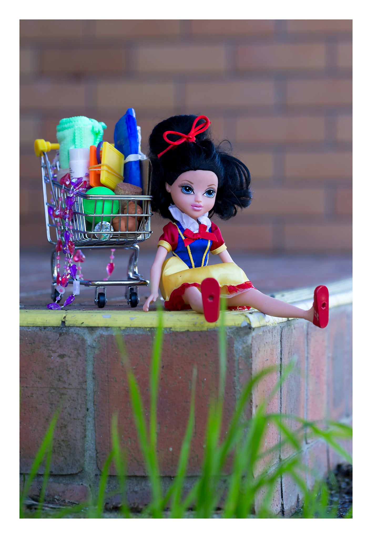 Trolley Dolly - Series No.1: 197317 - 74x104cm, a Snow White doll sits on a brick ledge next to a miniature shopping trolley filled with soaps, cloths, and small household items. Her red shoes hang over the edge. The image reflects themes of homelessness, resilience, and femininity.