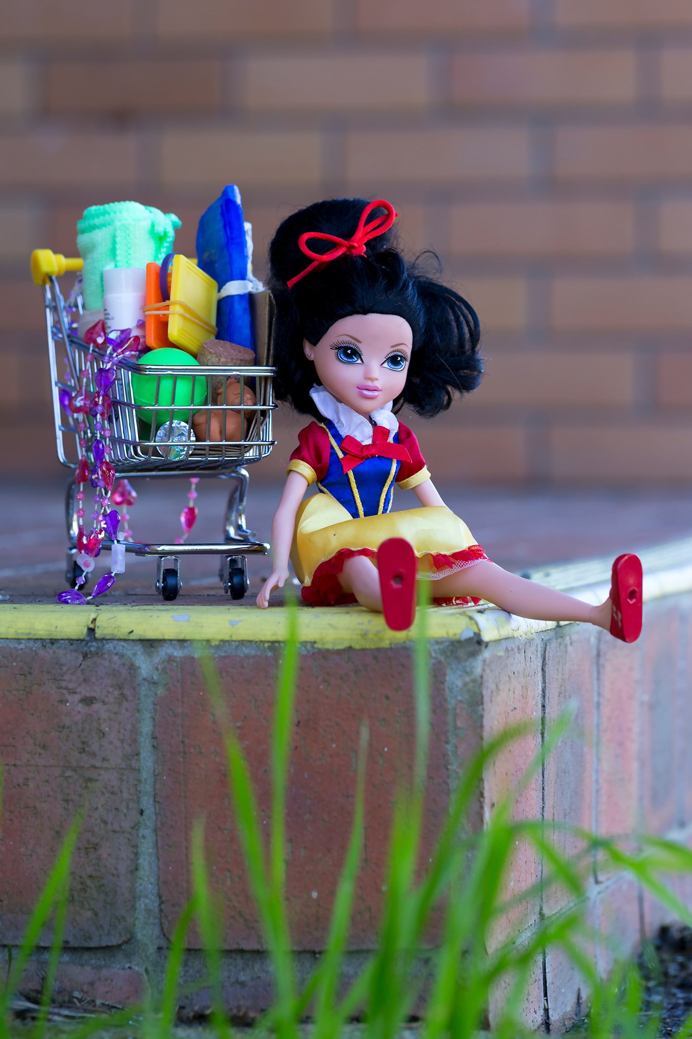 Trolley Dolly - Series No.1: 197317 - 60x90cm, a Snow White doll sits on a brick ledge next to a miniature shopping trolley filled with soaps, cloths, and small household items. Her red shoes hang over the edge. The image reflects themes of homelessness, resilience, and femininity.