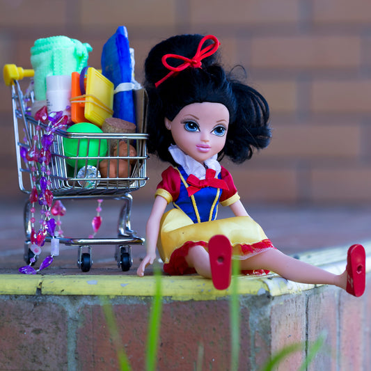 Trolley Dolly - Series No.1: 197317 - Close Detail View, a Snow White doll sits on a brick ledge next to a miniature shopping trolley filled with soaps, cloths, and small household items. Her red shoes hang over the edge. The image reflects themes of homelessness, resilience, and femininity.