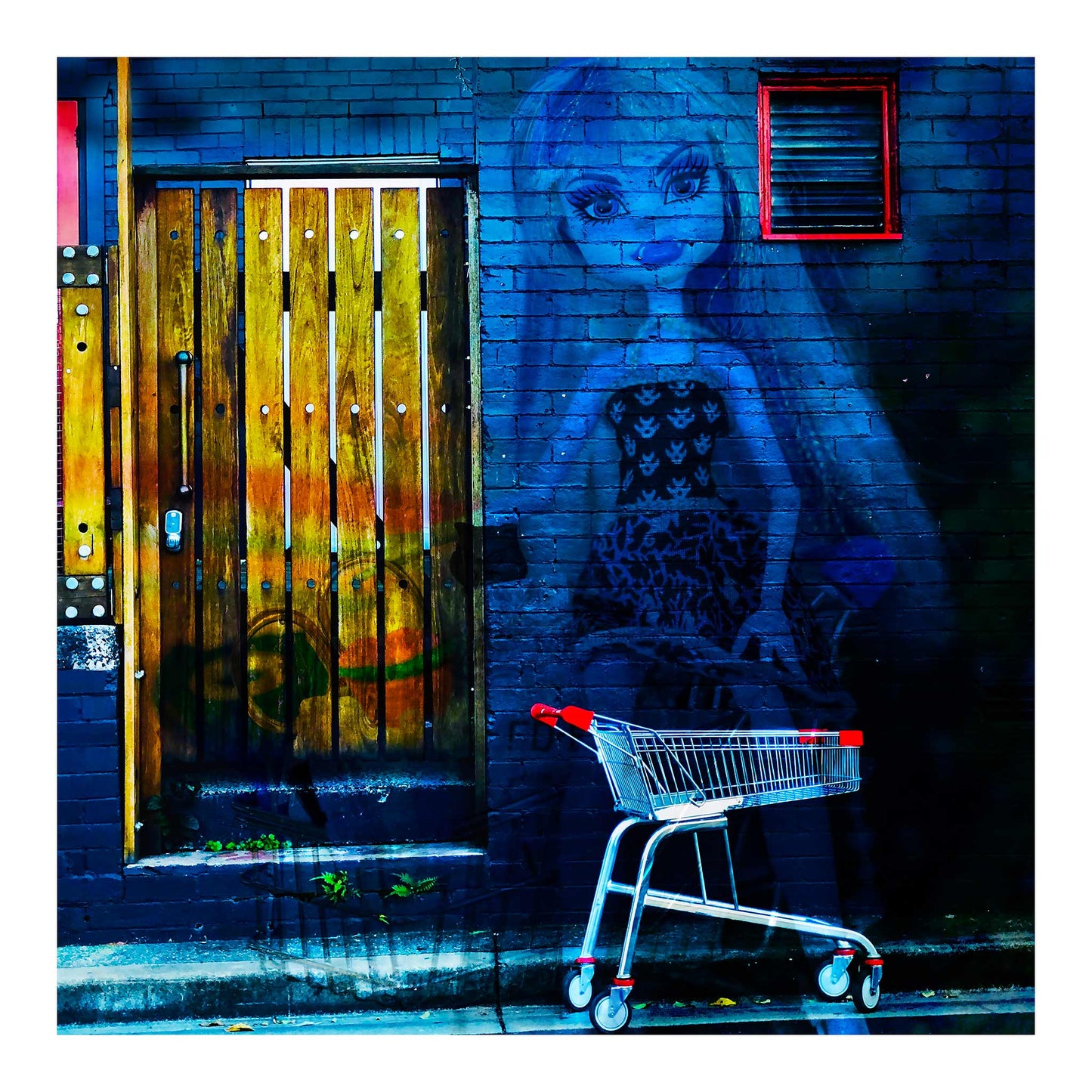 Trolley Dolly - Series No.2: 19E2255 - 74x74cm, a fine art photograph featuring a whimsical street mural of a stylised female doll figure painted on a dark blue brick wall beside a rustic wooden door, with a red-and-silver shopping trolley in the foreground. The vibrant image contrasts playful pop culture with gritty urban textures.