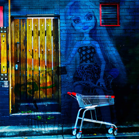 Trolley Dolly - Series No.2: 19E2255 - Close Detail View, a fine art photograph featuring a whimsical street mural of a stylised female doll figure painted on a dark blue brick wall beside a rustic wooden door, with a red-and-silver shopping trolley in the foreground. The vibrant image contrasts playful pop culture with gritty urban textures.