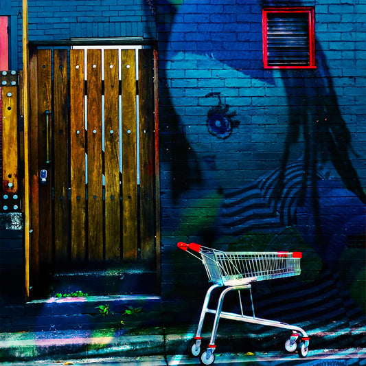 Trolley Dolly - Series No.2: 19E2255v1 - Close Detail View, a fine art photograph featuring a large painted eye and striped figure of a girl on a blue brick wall, beside a rustic timber door and a red and silver shopping trolley on a weathered street. The scene captures themes of invisibility, childhood, and urban displacement.
