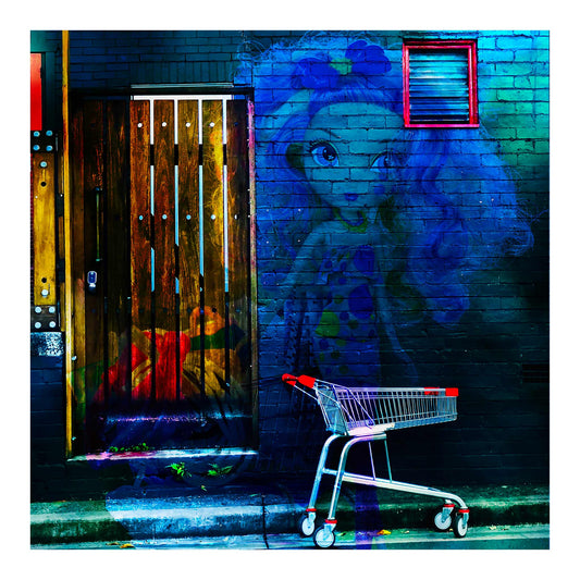 Trolley Dolly - Series No.2: 19E2255v10 - Close Detail View, a translucent doll with long curly hair and a polka dotted dress is layered over a dark brick wall. A red handled shopping trolley sits nearby on the curb, and a timber door to the left glows with textures of fruit and fabric. The image evokes social invisibility and homelessness through a vibrant, symbolic composition.