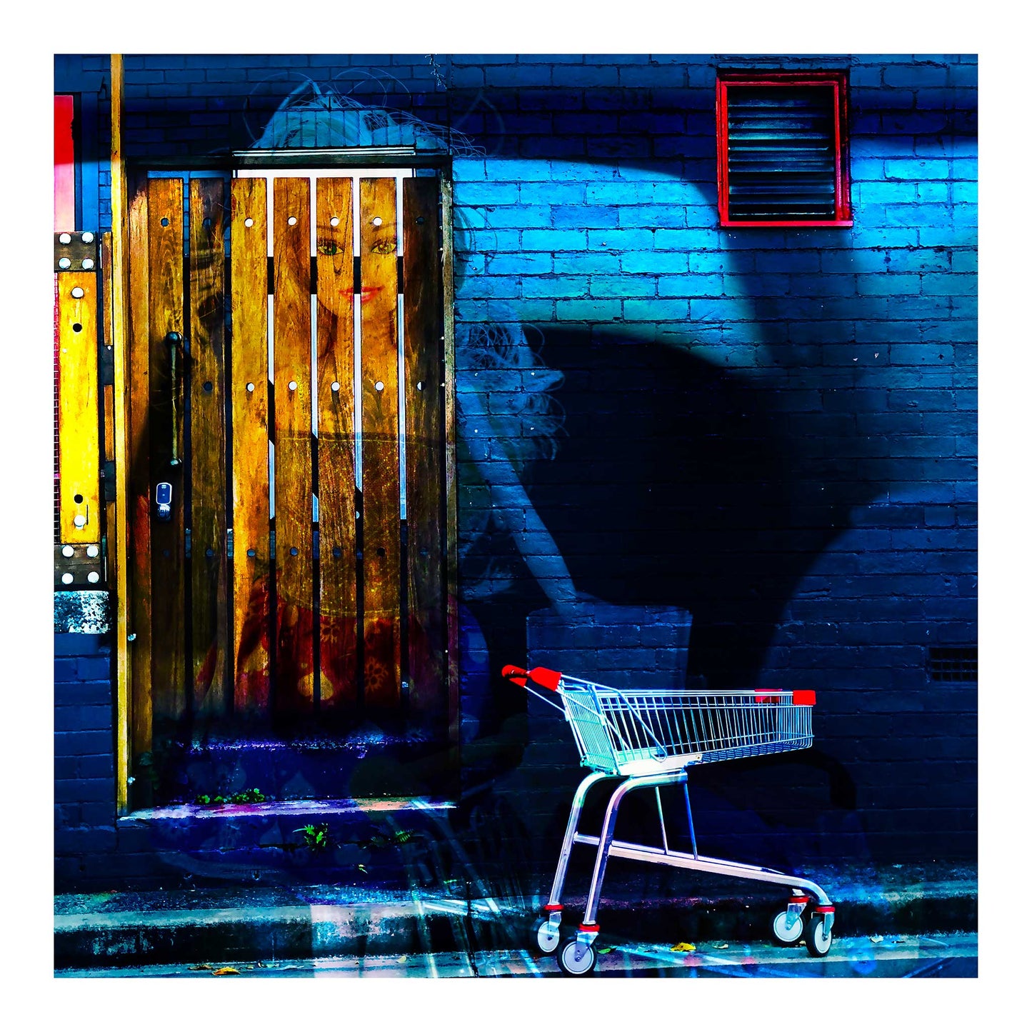 Trolley Dolly - Series No.2: 19E2255v11 - 74x74cm, a translucent doll like figure appears on a wooden door, her face softly illuminated amid rich textures. A red handled shopping trolley sits on the pavement below. Deep shadows and a moody blue brick wall complete the scene, evoking themes of homelessness, invisibility, and survival.