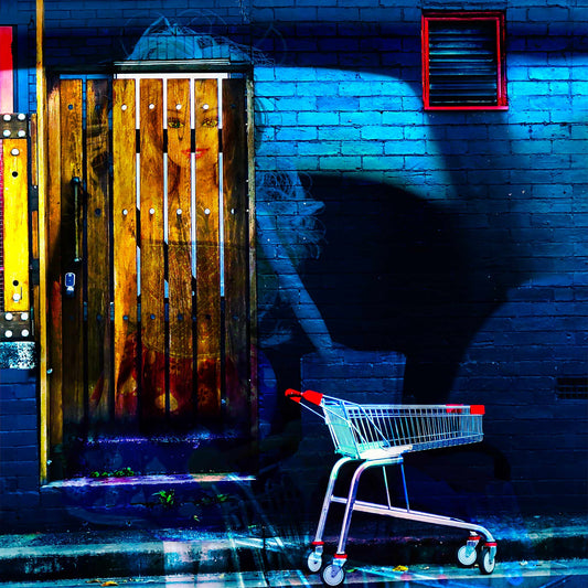 Trolley Dolly - Series No.2: 19E2255v11 - Close Detail View, a translucent doll like figure appears on a wooden door, her face softly illuminated amid rich textures. A red handled shopping trolley sits on the pavement below. Deep shadows and a moody blue brick wall complete the scene, evoking themes of homelessness, invisibility, and survival.