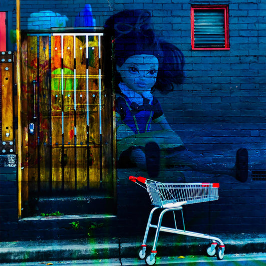 Trolley Dolly - Series No.2: 19E2255v16 - Close Detail View, a dark haired rag doll with outstretched limbs is layered onto a blue brick wall beside a red handled shopping trolley. A glowing wooden door sits to the left, overlaid with fruit textures. The composition explores homelessness, emotional fatigue, and invisibility.
