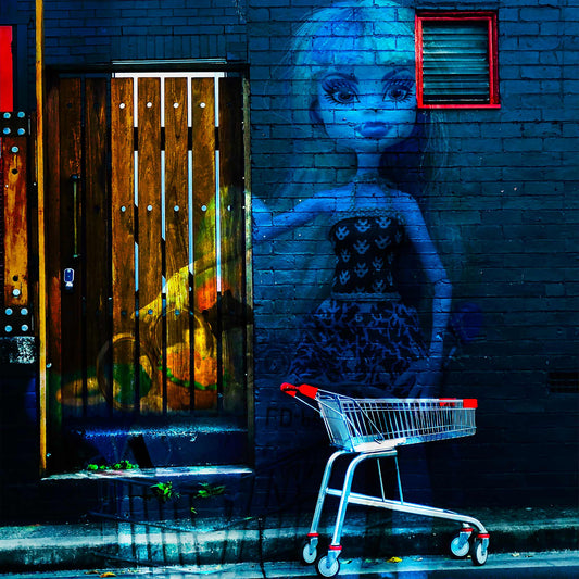 Trolley Dolly - Series No.2: 19E2255v4 - Close Detail View, a translucent doll in a patterned dress is superimposed on a dark brick wall beside a red-handled shopping trolley. A wooden door, partially layered with ghostly fruit imagery, adds symbolic depth. The composition explores homelessness, invisibility, and femininity in an urban context.