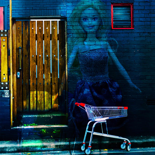 Trolley Dolly - Series No.2: 19E2255v6 - Close Detail View, a translucent doll with blonde hair and a patterned dress is superimposed over a dark brick wall. A red-handled shopping trolley sits nearby, beside a wooden door layered with faint fruit textures. The composition explores invisibility, fragility, and homelessness through symbolic, layered imagery.