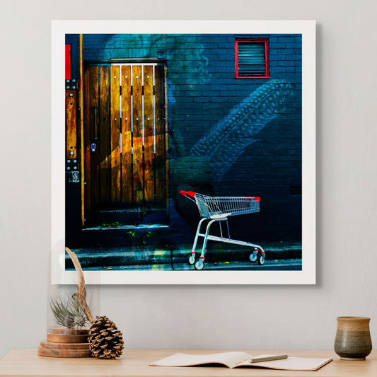 Trolley Dolly - Series No.2: 19E2255v5 - Room View, a faint, translucent female figure with a speckled feather overlay appears on a dark brick wall. A red-handled shopping trolley is parked in the foreground beside a wooden door textured with market imagery. The moody, layered composition evokes themes of homelessness, memory, and unseen burdens.