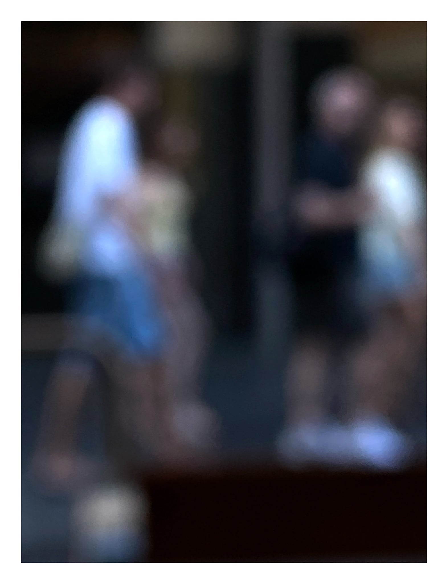 Urban Commute - Series No.1: 0981v1 - 81.5x104cm, a soft focus photograph of five blurred commuters passing through a cool toned city street. Their outlines blend and separate in motion, evoking fleeting connection and urban rhythm. Limited edition fine art print by Raymond Mather.
