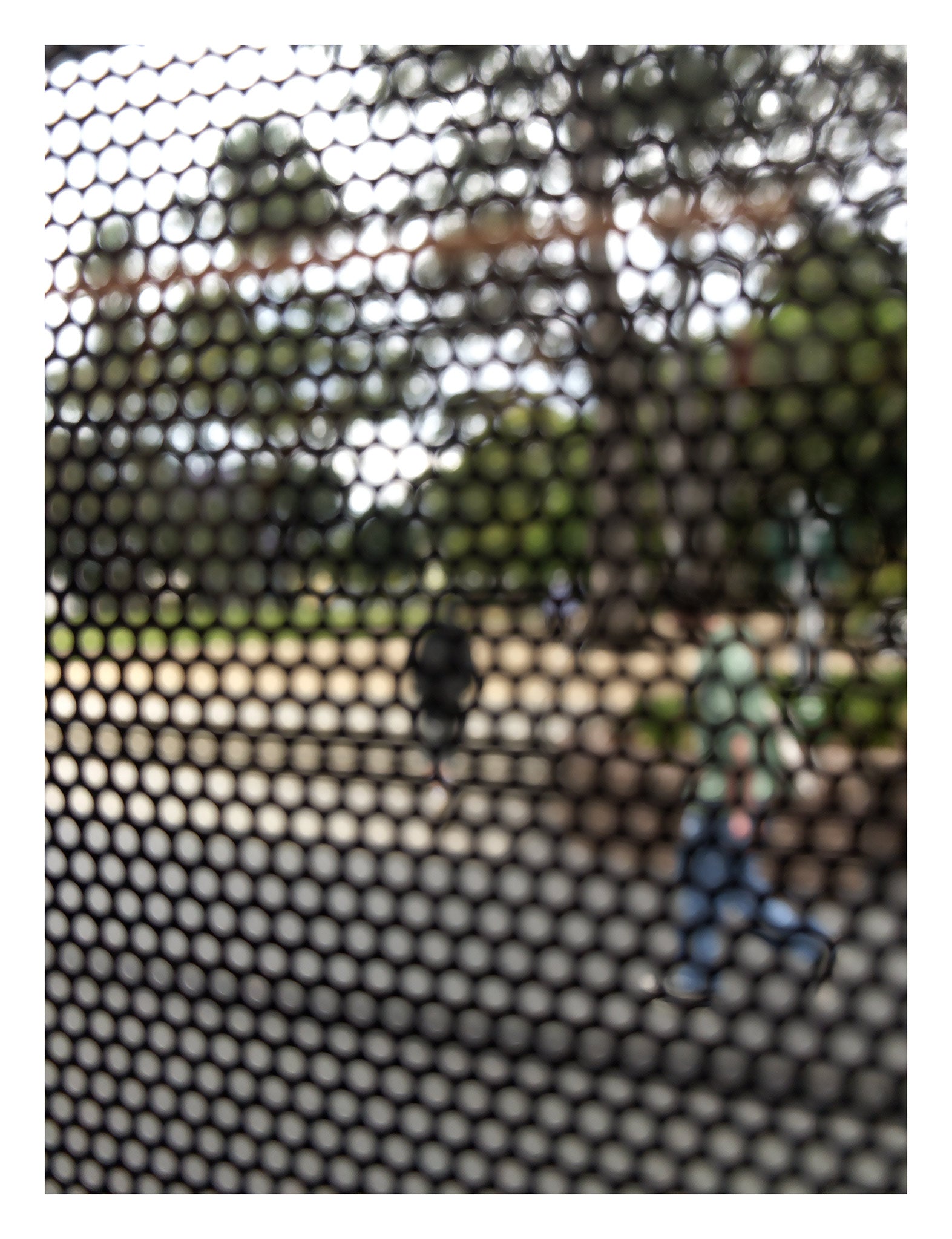 Urban Commute - Series No.2: 8475v1 - 81.5x104cm, fine art photograph by Raymond Mather featuring two pedestrians viewed through a dark circular grid. One figure in blue jeans moves mid-stride, while the other recedes into a background of trees and dappled light. A soft-focus urban composition exploring movement, texture, and visual rhythm.