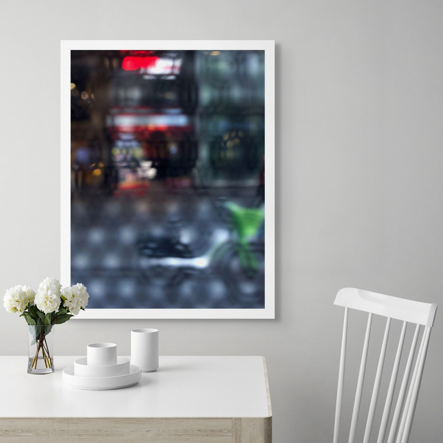 Urban Commute - Series No.2: 9206v1 - Room View, fine art photograph by Raymond Mather featuring a blurred green bike in the foreground, with a red neon-lit storefront behind a softly distorted surface. A moody and abstract urban scene evoking energy and reflection.