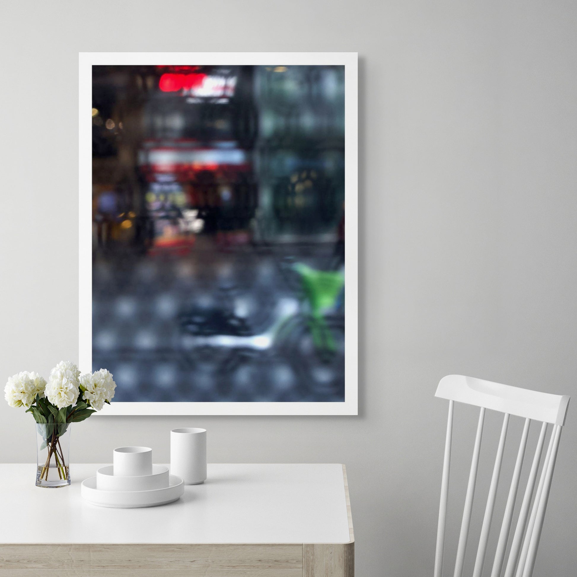 Urban Commute - Series No.2: 9206v1 - Room View, fine art photograph by Raymond Mather featuring a blurred green bike in the foreground, with a red neon-lit storefront behind a softly distorted surface. A moody and abstract urban scene evoking energy and reflection.