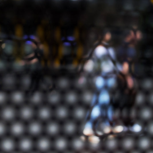 Urban Commute - Series No.2: 9611 - Close Detail View, abstract city street scene with two blurred figures walking side by side through a honeycomb patterned filter, with warm ambient light, soft shadows, and diffuse reflections suggesting early morning movement, limited edition fine art print by Raymond Mather, ART1.