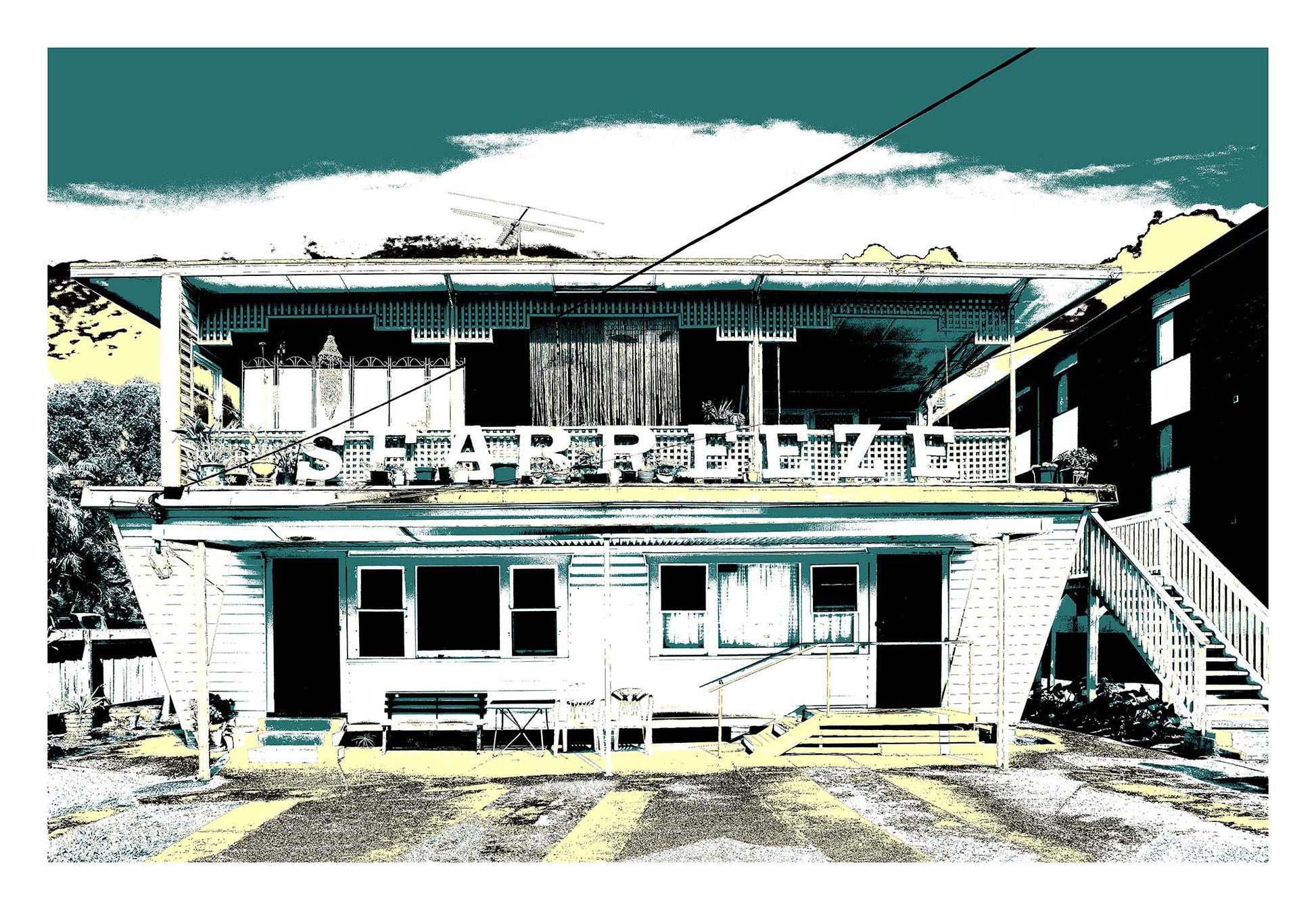Vivid Country - Coffs Harbour Beach Flats - 5694v12 - 104x74cm, a vintage weatherboard building with bold SEA BREEZE lettering across the top balcony, rendered in a duotone green and yellow pop-art style evoking nostalgic coastal life.