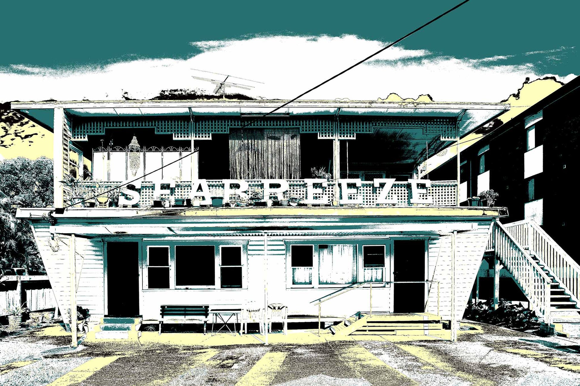 Vivid Country - Coffs Harbour Beach Flats - 5694v12 - 90x60cm, a vintage weatherboard building with bold SEA BREEZE lettering across the top balcony, rendered in a duotone green and yellow pop-art style evoking nostalgic coastal life.