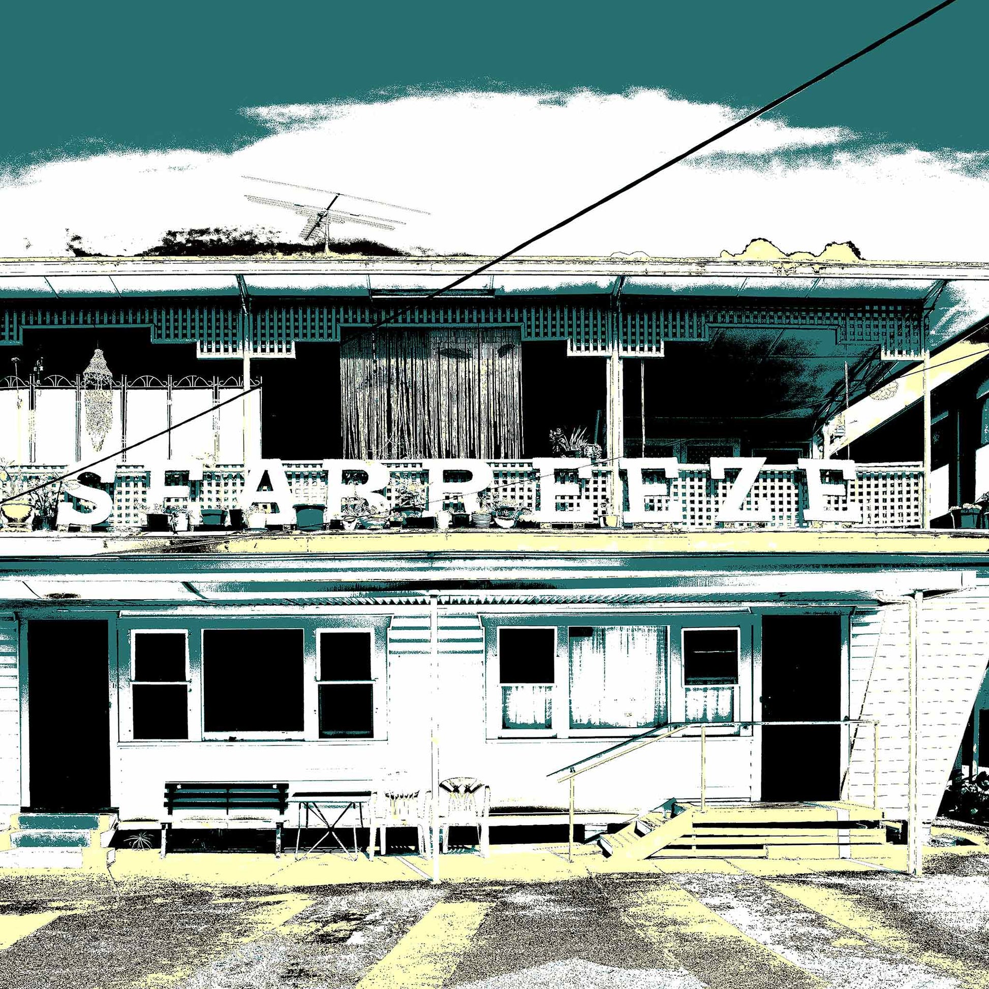 Vivid Country - Coffs Harbour Beach Flats - 5694v12 - Close Detail View, a vintage weatherboard building with bold SEA BREEZE lettering across the top balcony, rendered in a duotone green and yellow pop-art style evoking nostalgic coastal life.