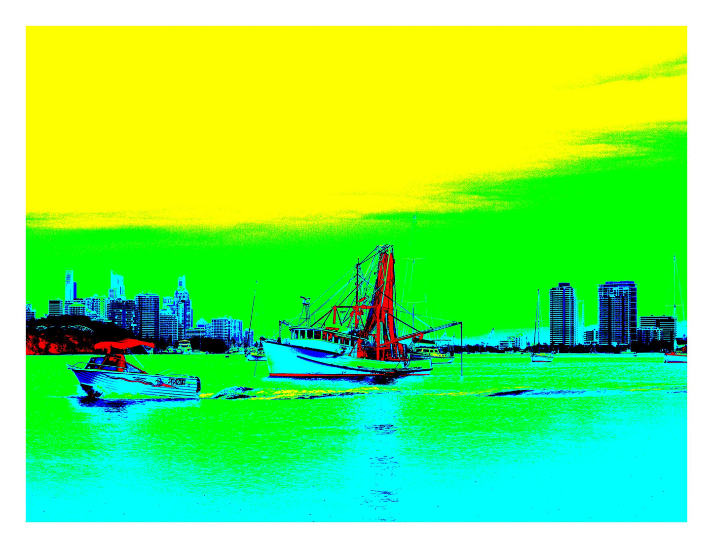 Vivid Country - Gold Coast - Broadwater Boats - 0051v12 - 104x81.5cm, Pop-art style fine art print of boats on the Gold Coast Broadwater with city skyline backdrop, rendered in vivid turquoise, yellow, green, red, and blue tones.