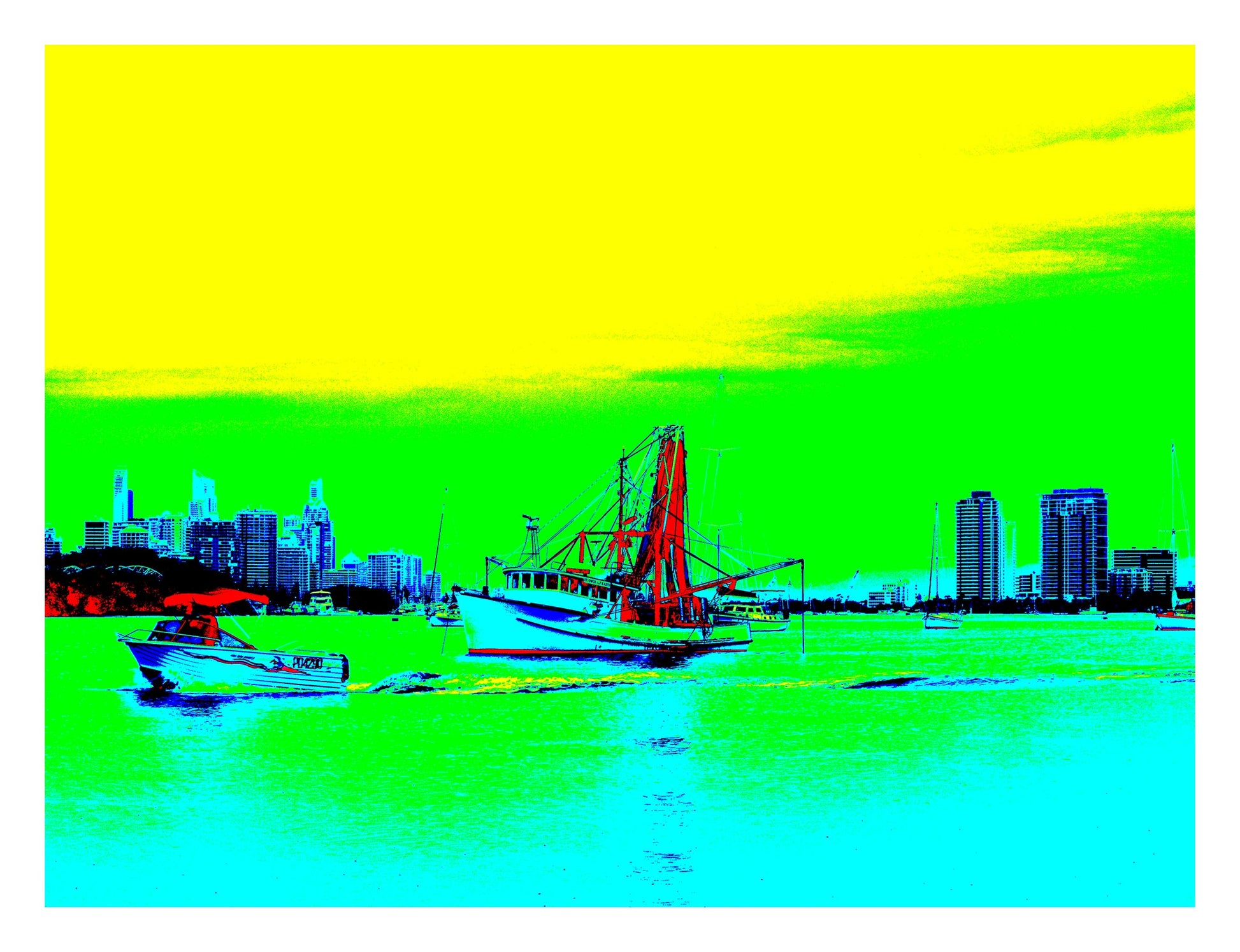 Vivid Country - Gold Coast - Broadwater Boats - 0051v12 - 104x81.5cm, Pop-art style fine art print of boats on the Gold Coast Broadwater with city skyline backdrop, rendered in vivid turquoise, yellow, green, red, and blue tones.