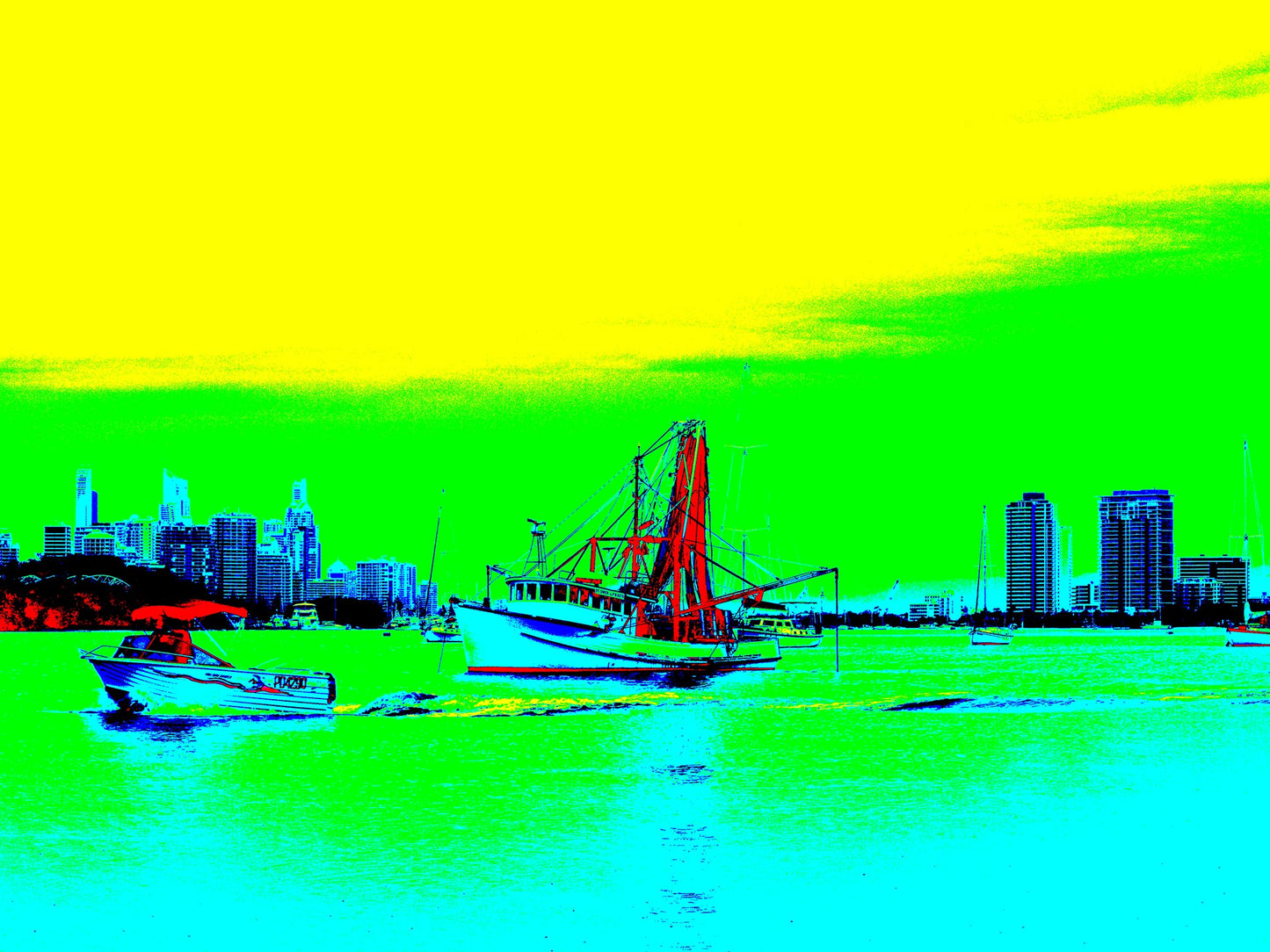 Vivid Country - Gold Coast - Broadwater Boats - 0051v12 - 90x67.5cm, Pop-art style fine art print of boats on the Gold Coast Broadwater with city skyline backdrop, rendered in vivid turquoise, yellow, green, red, and blue tones.