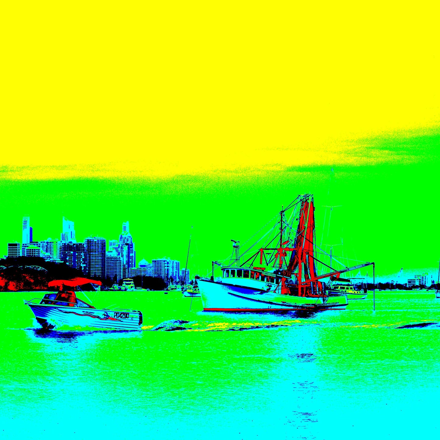 Vivid Country - Gold Coast - Broadwater Boats - 0051v12 - Close Detail View, Pop-art style fine art print of boats on the Gold Coast Broadwater with city skyline backdrop, rendered in vivid turquoise, yellow, green, red, and blue tones.