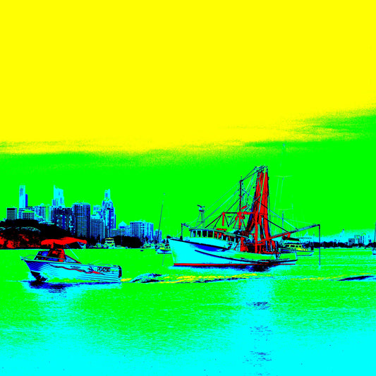Vivid Country - Gold Coast - Broadwater Boats - 0051v12 - Close Detail View, Pop-art style fine art print of boats on the Gold Coast Broadwater with city skyline backdrop, rendered in vivid turquoise, yellow, green, red, and blue tones.