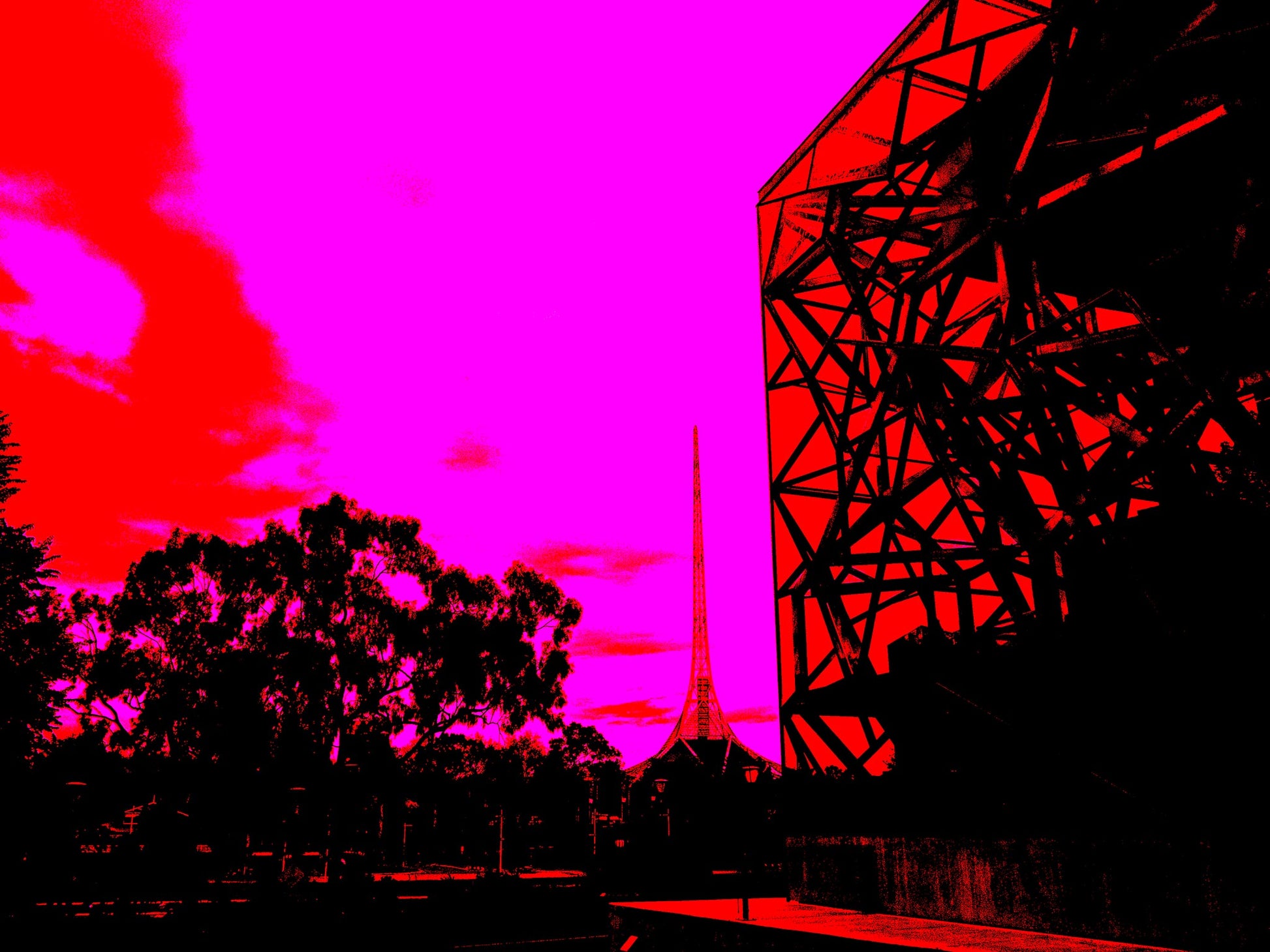 Vivid Country - Melbourne Art Centre from Fed Square - 0046-2v3 - 90x67.5cm, a striking Pop Art-style view of Melbourne’s Federation Square architecture and the Arts Centre spire, set against a vivid pink and red sky.