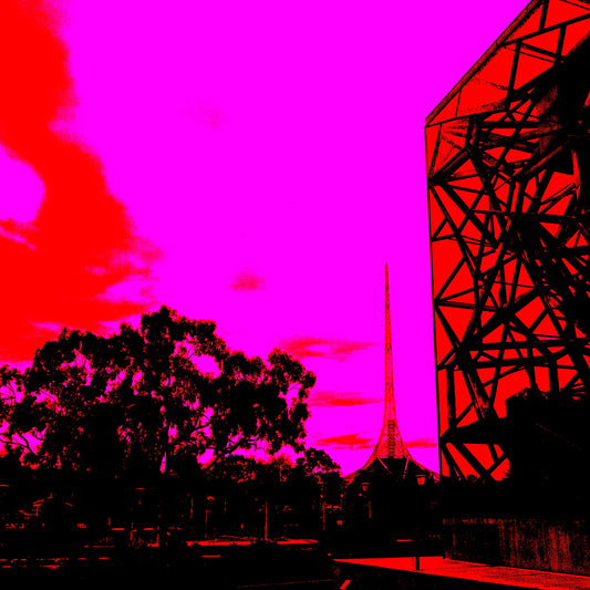 Vivid Country - Melbourne Art Centre from Fed Square - 0046-2v3 - Close Detail View, a striking Pop Art-style view of Melbourne’s Federation Square architecture and the Arts Centre spire, set against a vivid pink and red sky.