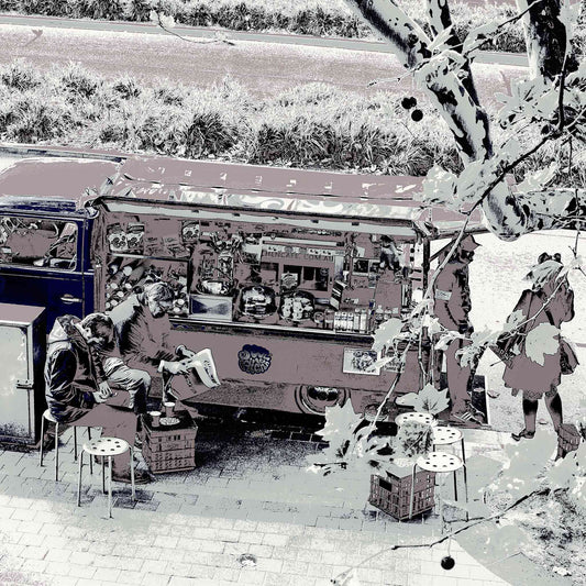 Vivid Country - Melbourne - Art Centre Kombi Coffee - 0100 - Close Detail View, Stylised fine art image of a retro Kombi van coffee cart outside Melbourne’s Arts Centre, with seated customers, soft pastel tones, and leafy foreground branches.