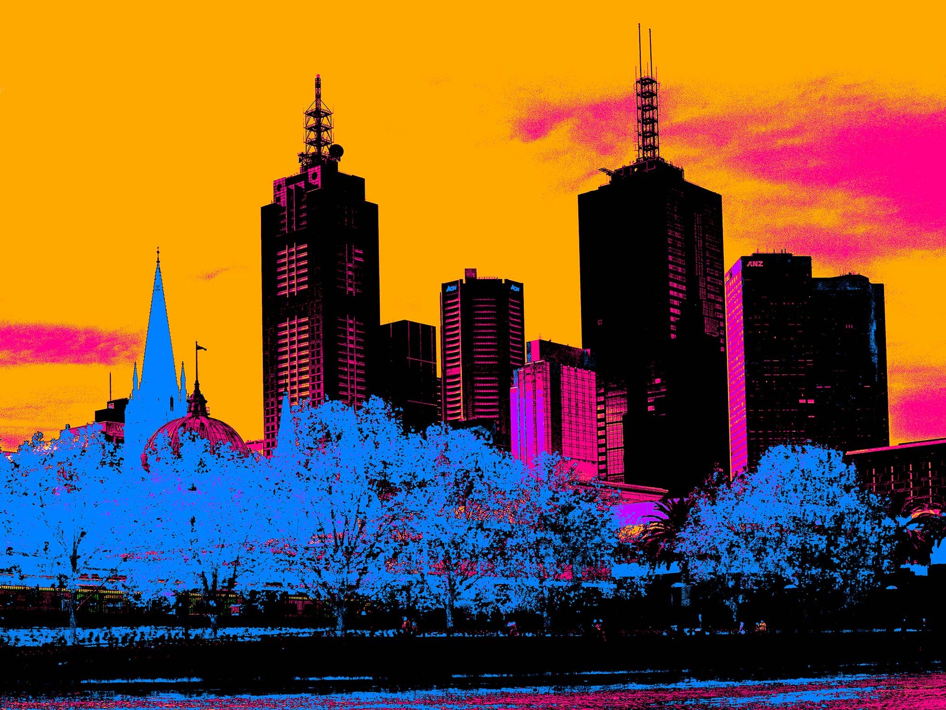 Vivid Country - Melbourne City Skyline - 0218v7a - 90x67.5cm, a bold Pop Art reimagining of Melbourne’s skyline featuring skyscrapers, heritage domes, and church spires set against a vivid orange pink sky and glowing blue treetops.