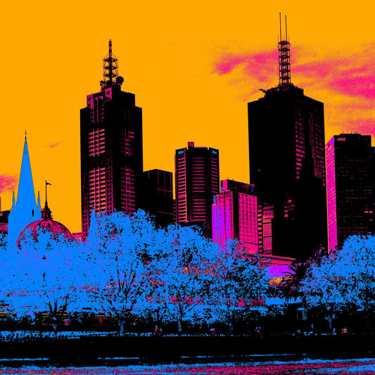 Vivid Country - Melbourne City Skyline - 0218v7a - Close Detail View, a bold Pop Art reimagining of Melbourne’s skyline featuring skyscrapers, heritage domes, and church spires set against a vivid orange pink sky and glowing blue treetops.