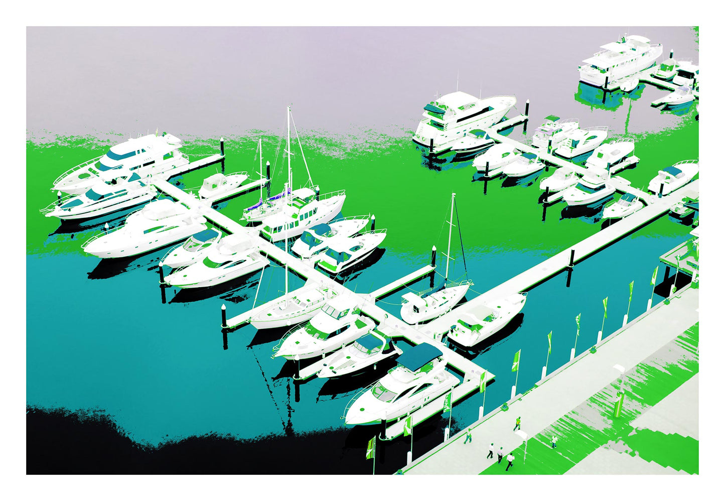 Vivid Country - Melbourne - Docklands - 30107127v15 - 104x74cm, Stylised aerial image of Docklands marina in Melbourne with white yachts moored along piers, vivid gradients of green, blue, and violet water, and figures walking along a patterned waterfront promenade.