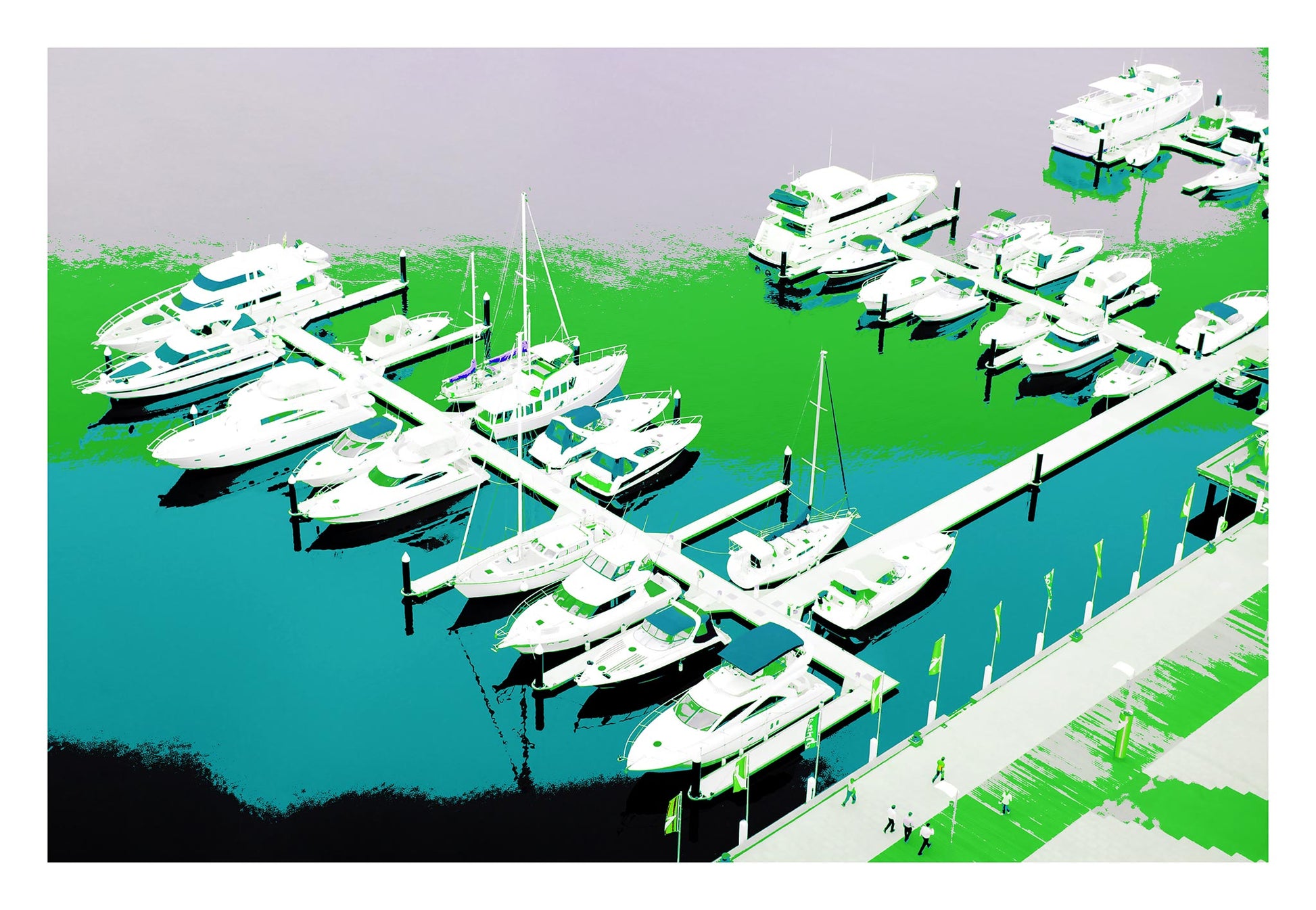 Vivid Country - Melbourne - Docklands - 30107127v15 - 104x74cm, Stylised aerial image of Docklands marina in Melbourne with white yachts moored along piers, vivid gradients of green, blue, and violet water, and figures walking along a patterned waterfront promenade.