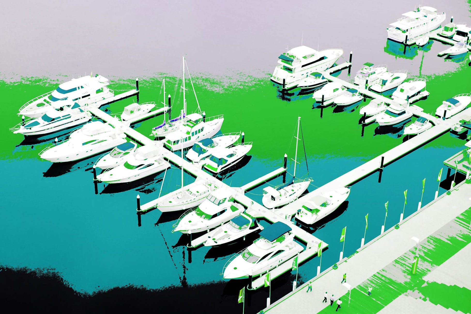 Vivid Country - Melbourne - Docklands - 30107127v15 - 90x60cm, Stylised aerial image of Docklands marina in Melbourne with white yachts moored along piers, vivid gradients of green, blue, and violet water, and figures walking along a patterned waterfront promenade.