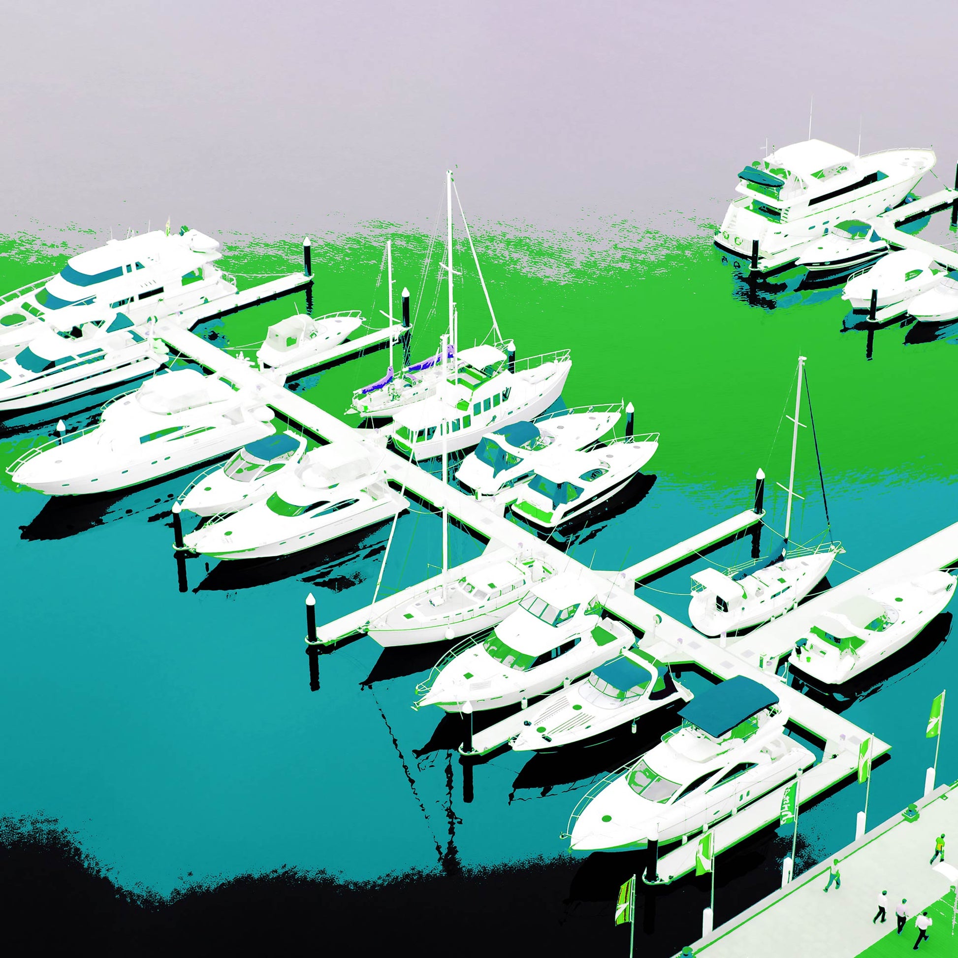 Vivid Country - Melbourne - Docklands - 30107127v15 - Close Detail View, Stylised aerial image of Docklands marina in Melbourne with white yachts moored along piers, vivid gradients of green, blue, and violet water, and figures walking along a patterned waterfront promenade.