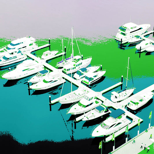 Vivid Country - Melbourne - Docklands - 30107127v15 - Close Detail View, Stylised aerial image of Docklands marina in Melbourne with white yachts moored along piers, vivid gradients of green, blue, and violet water, and figures walking along a patterned waterfront promenade.