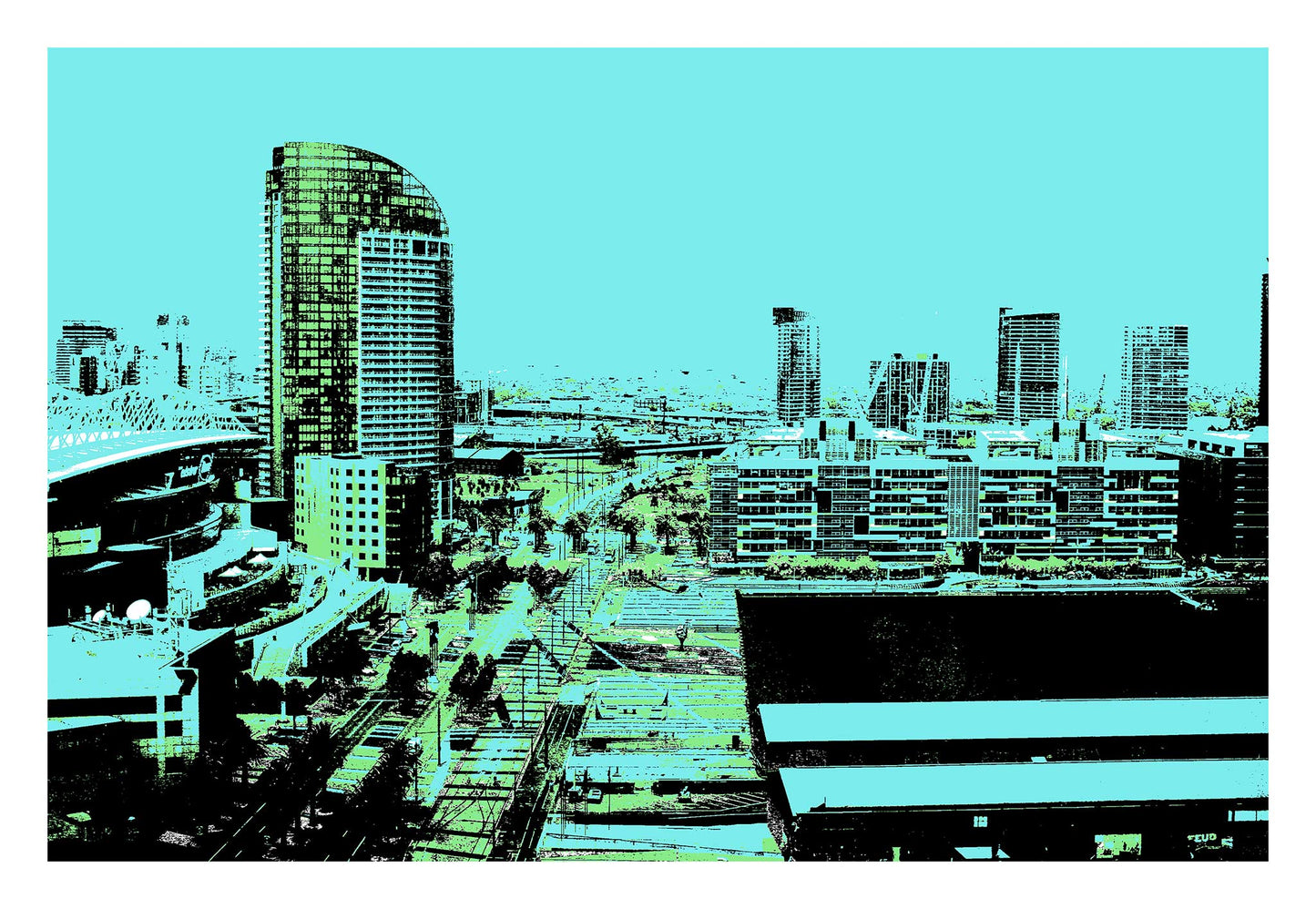 Vivid Country - Melbourne - Docklands - 33607127v8 - 104x74cm, Stylised Pop Art cityscape of Melbourne’s Docklands with tall buildings, stadium, and streets rendered in bold aqua, green, and black tones beneath a vivid cyan sky.