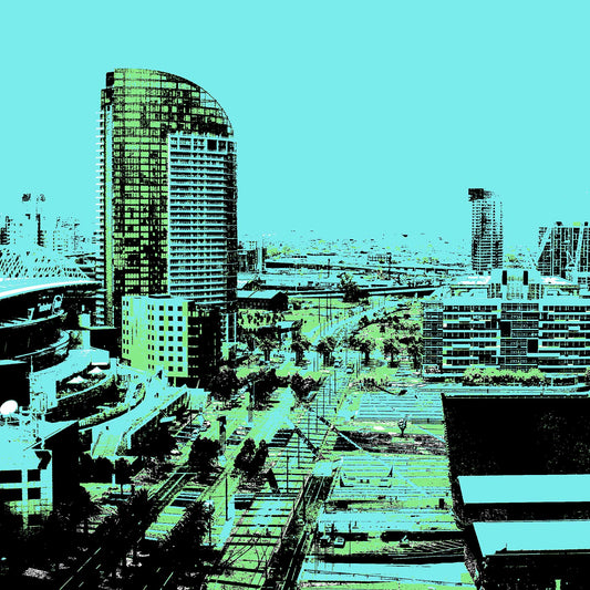 Vivid Country - Melbourne - Docklands - 33607127v8 - Close Detail View, Stylised Pop Art cityscape of Melbourne’s Docklands with tall buildings, stadium, and streets rendered in bold aqua, green, and black tones beneath a vivid cyan sky.
