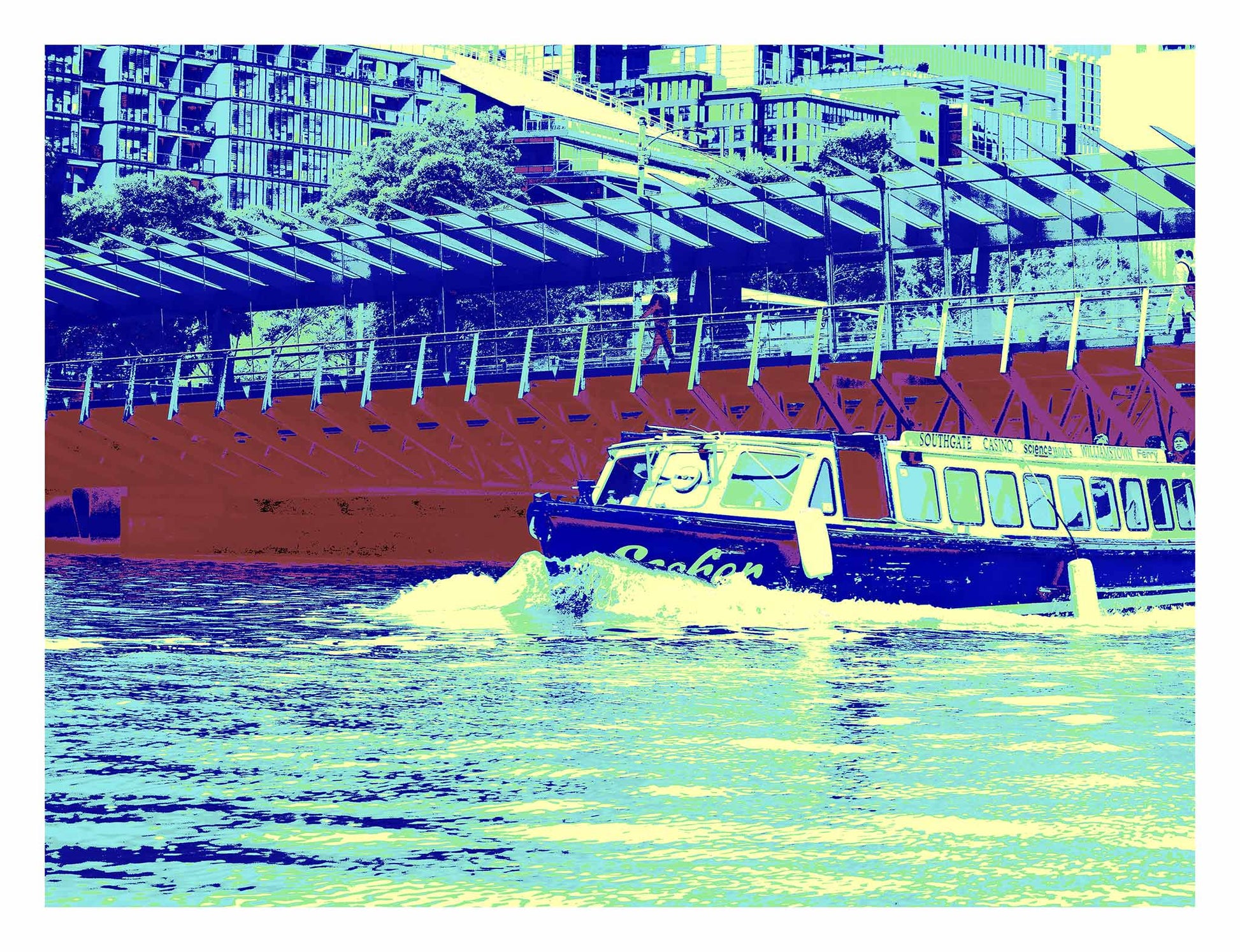 Vivid Country - Melbourne Ferry Boat - 0187v4 - 104x81.5cm, a colour-rich Pop Art interpretation of a city ferry cruising the Yarra River, set against Southbank’s striking architecture and geometric glass canopy.