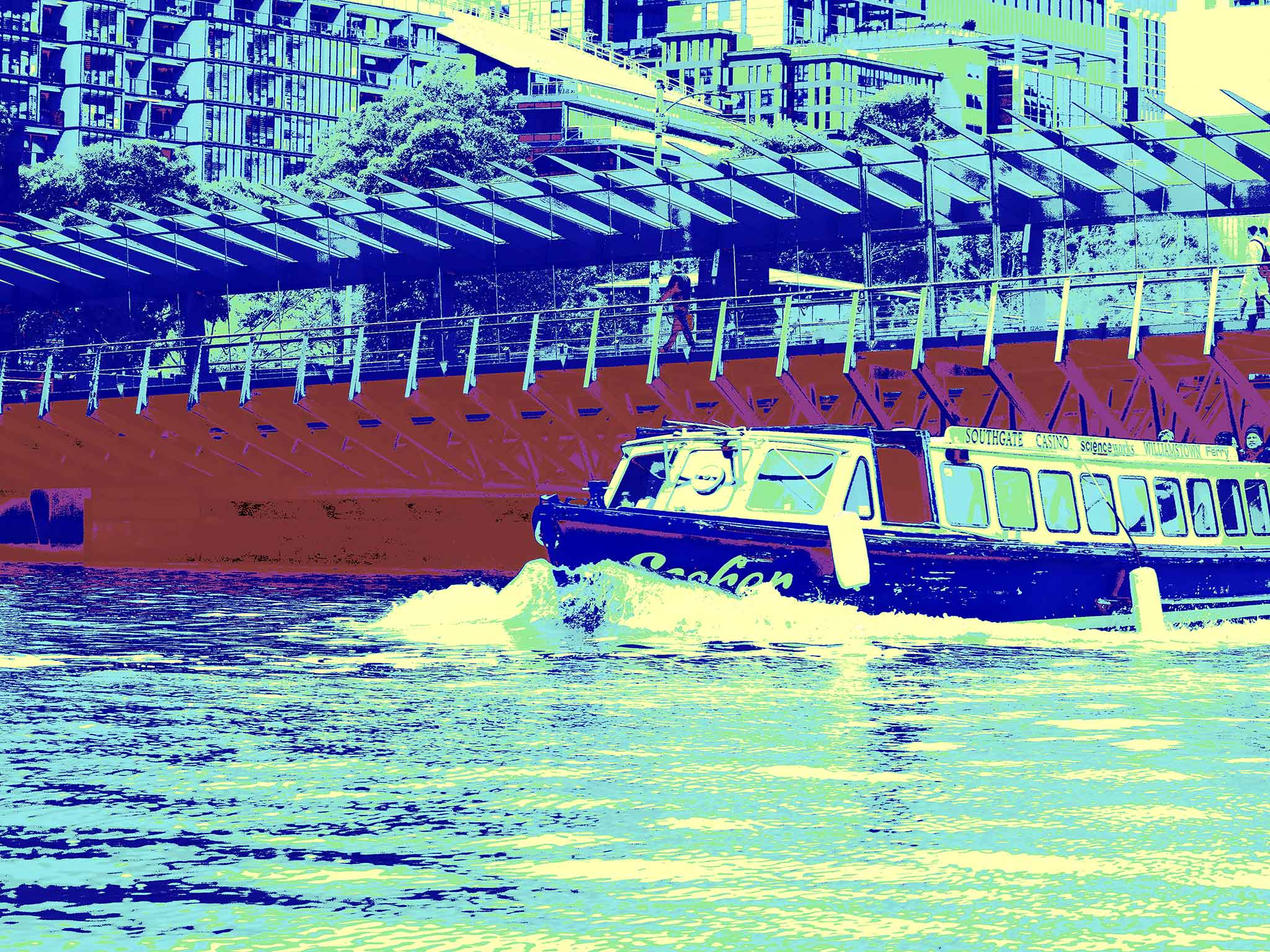Vivid Country - Melbourne Ferry Boat - 0187v4 - 90x67.5cm, a colour-rich Pop Art interpretation of a city ferry cruising the Yarra River, set against Southbank’s striking architecture and geometric glass canopy.