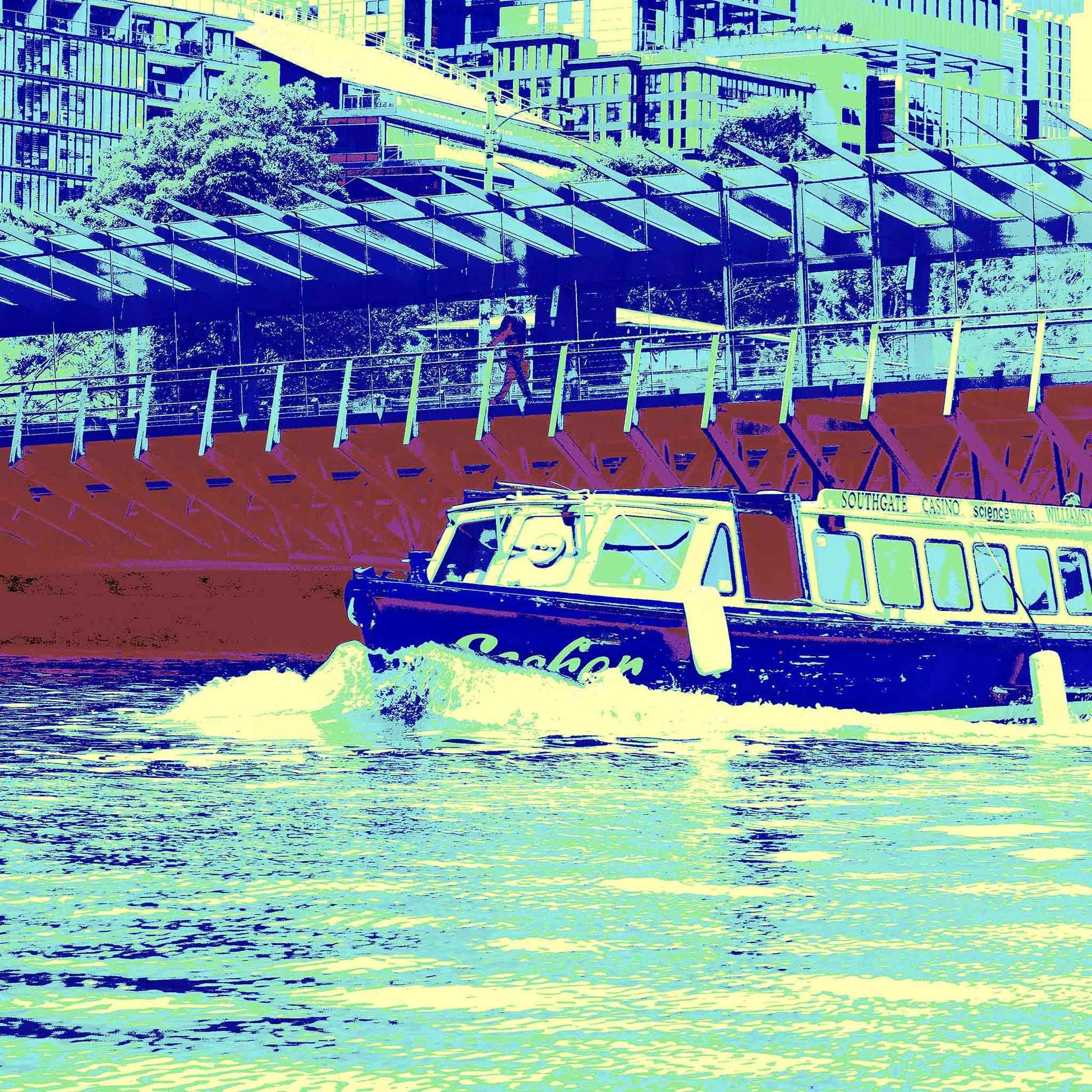 Vivid Country - Melbourne Ferry Boat - 0187v4 - Close Detail View, a colour-rich Pop Art interpretation of a city ferry cruising the Yarra River, set against Southbank’s striking architecture and geometric glass canopy.