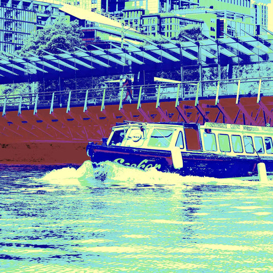 Vivid Country - Melbourne Ferry Boat - 0187v4 - Close Detail View, a colour-rich Pop Art interpretation of a city ferry cruising the Yarra River, set against Southbank’s striking architecture and geometric glass canopy.