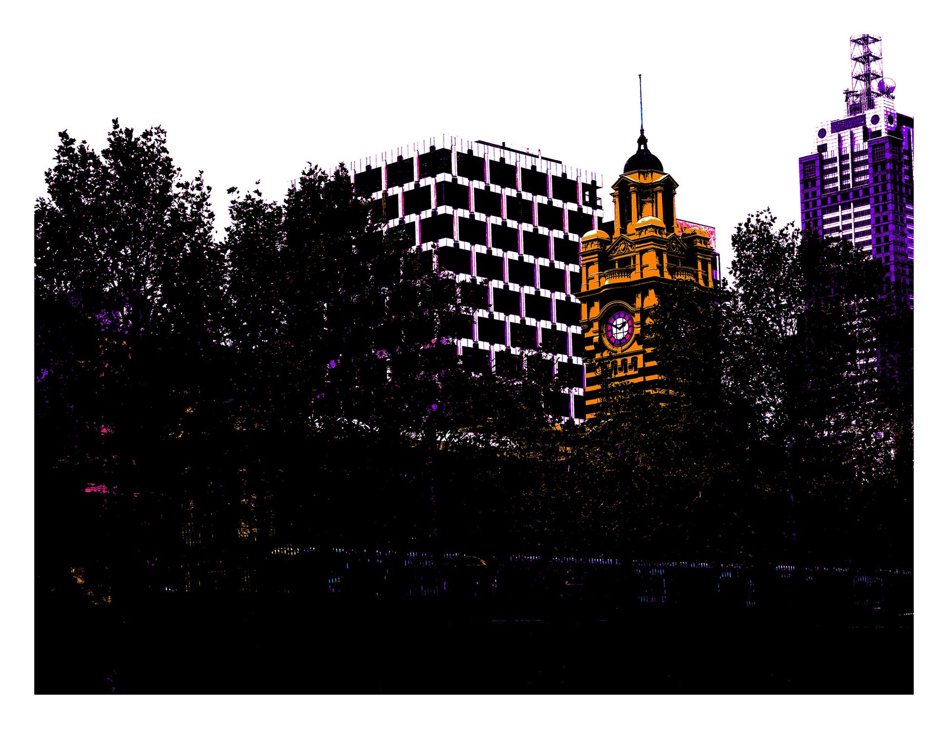 Vivid Country - Melbourne Flinders St Station Clock Tower - 0209v9a - 104x81.5cm, Pop-art inspired cityscape featuring the iconic golden clock tower framed by silhouetted trees and modern buildings in moody purples and blacks