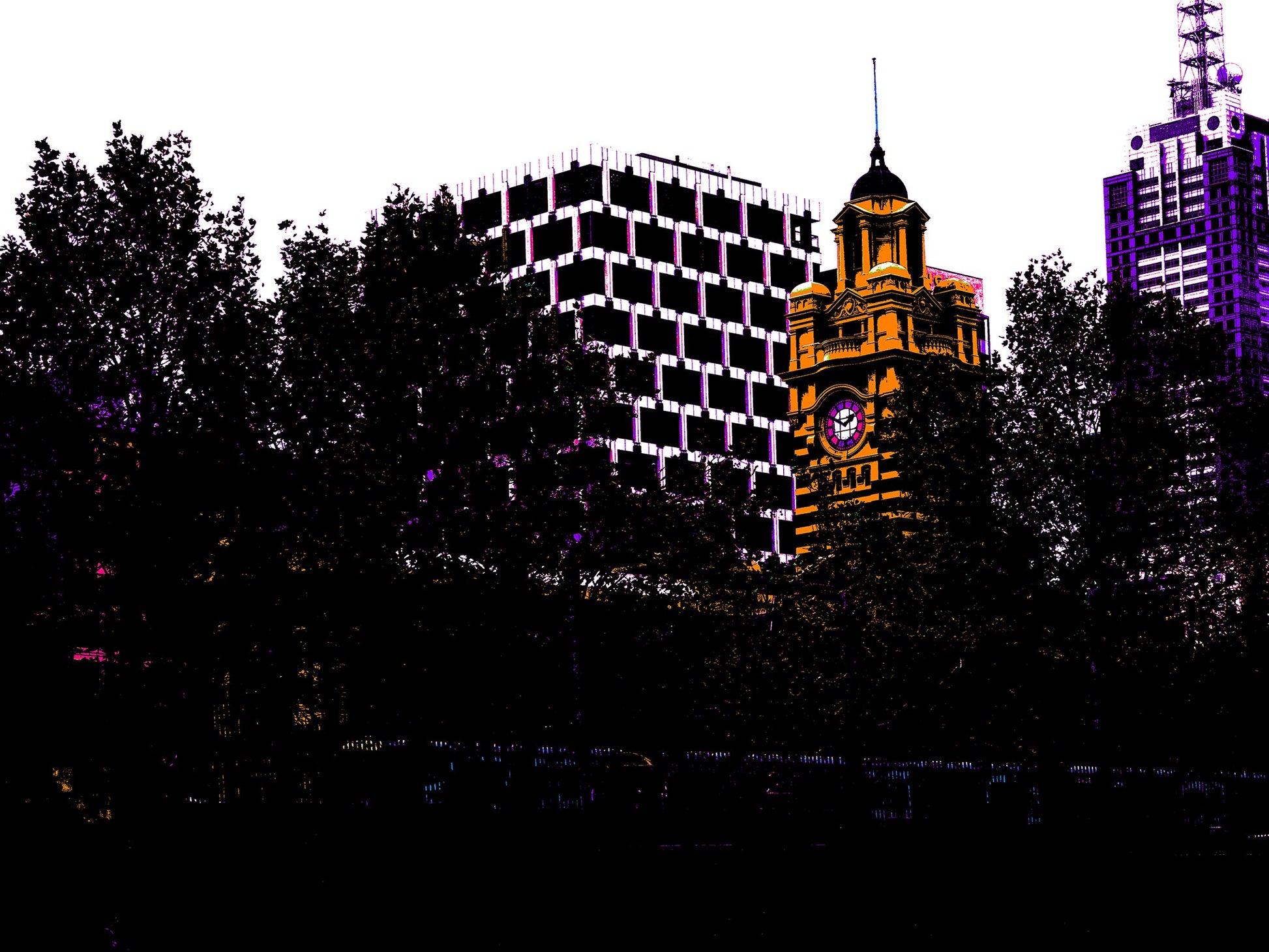 Vivid Country - Melbourne Flinders St Station Clock Tower - 0209v9a - 90x67.5cm, Pop-art inspired cityscape featuring the iconic golden clock tower framed by silhouetted trees and modern buildings in moody purples and blacks.