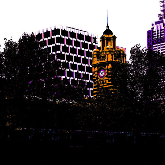 Vivid Country - Melbourne Flinders St Station Clock Tower - 0209v9a - Close Detail View, Pop-art inspired cityscape featuring the iconic golden clock tower framed by silhouetted trees and modern buildings in moody purples and blacks.