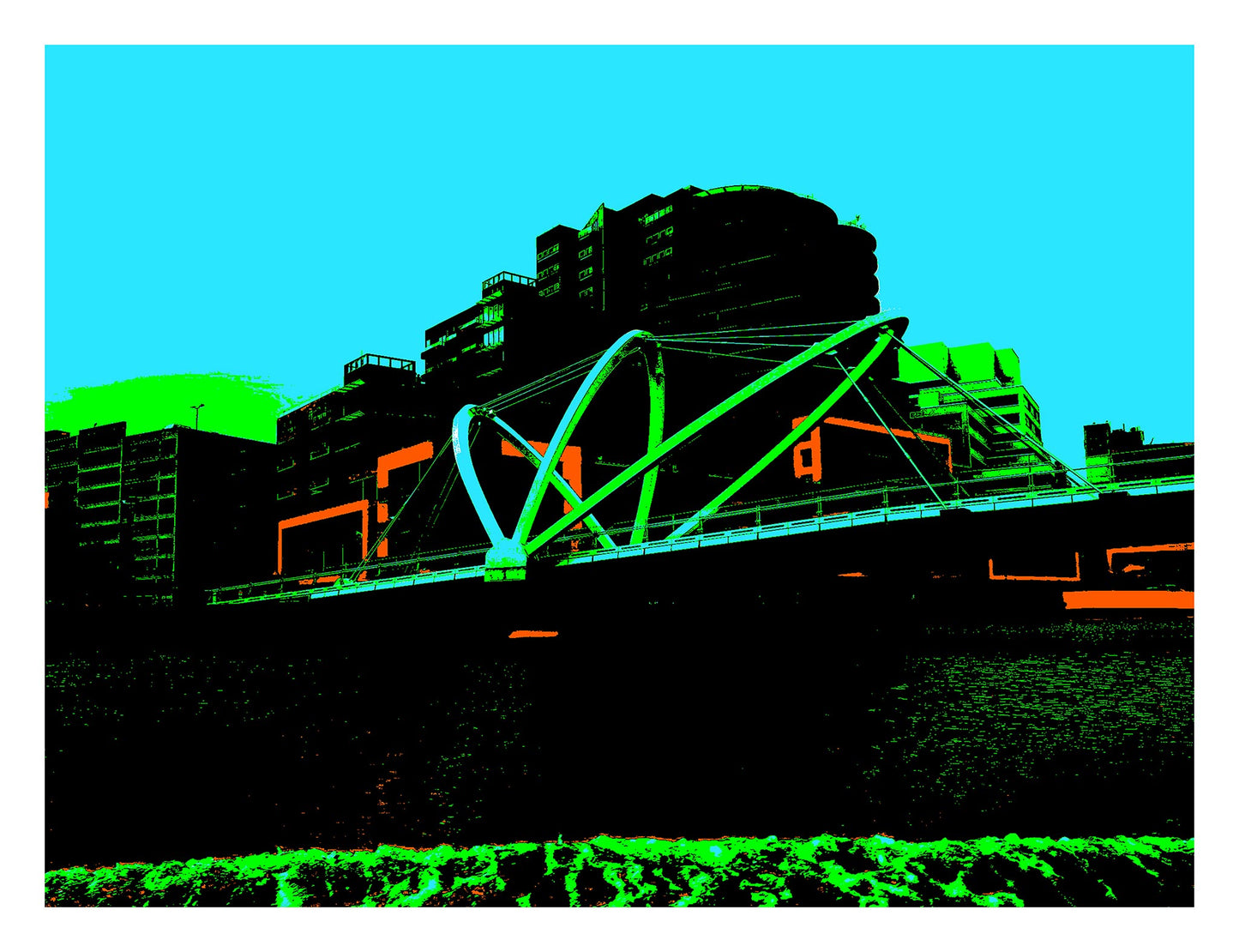 Vivid Country - Melbourne Foot Bridge - 0178-2v7a - 104x81.5cm, a bold pop-art portrayal of a contemporary Melbourne footbridge with vivid green arches, silhouetted buildings, and a turquoise sky. Vibrant, high-contrast composition in graphic tones.